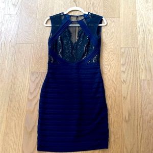 Cocktail dress with netting and lace top & torso. worn once.